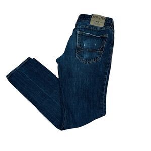 Men’s The Hollister Skinny slightly distressed Blue Jeans, button fly, 31 X 32
